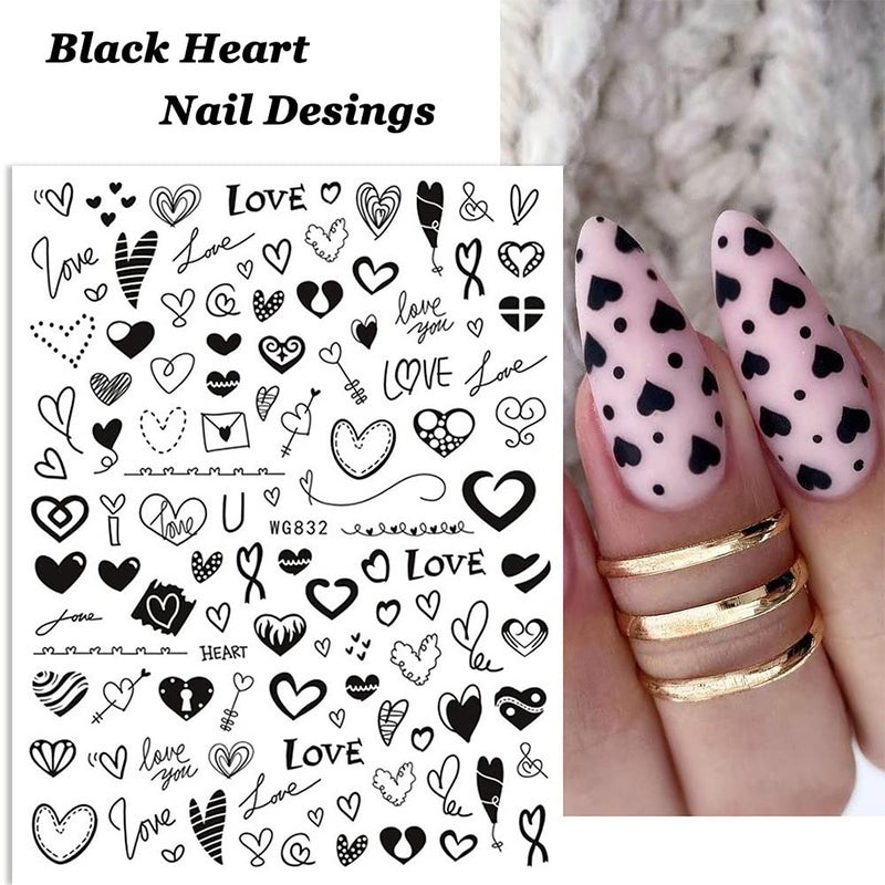 SINSEN Heart Nail Stickers - 6 Sheets Hearts Nail Decals for Women - 3D Self Adhesive Heart Nail Art Stickers - Black Red Heart Love Angel Cupid Nail Designs DIY Valentines Manicure Decorations - Image 3